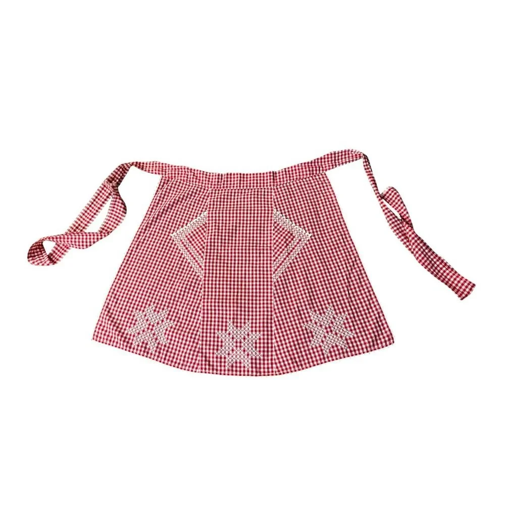 Vintage Red Gingham Half Apron Embroidered Pockets Farmhouse OSFM